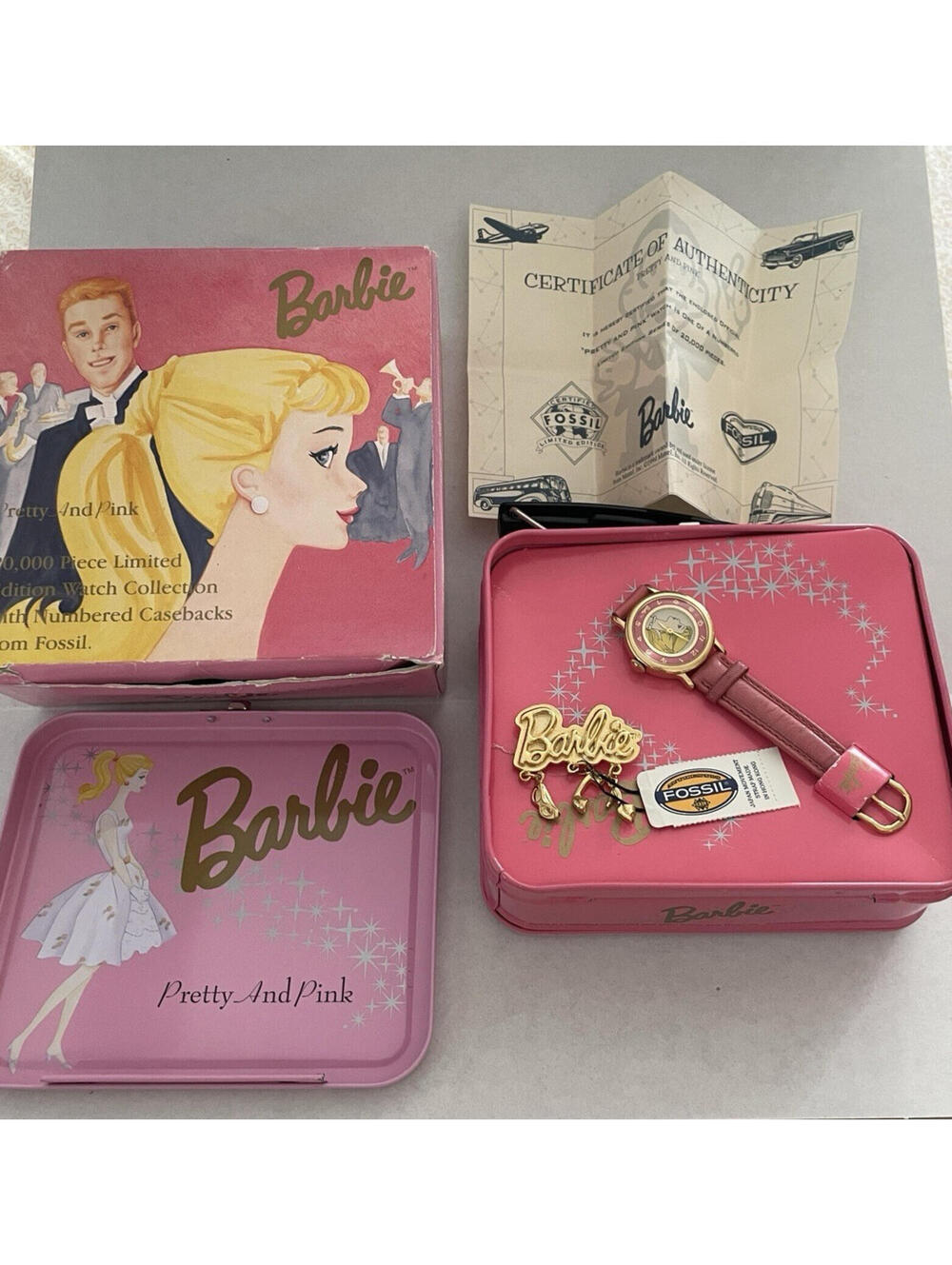 Barbie Pretty In Pink Fossil Watch & Barbie Pin Original Tin Box 1994 READ